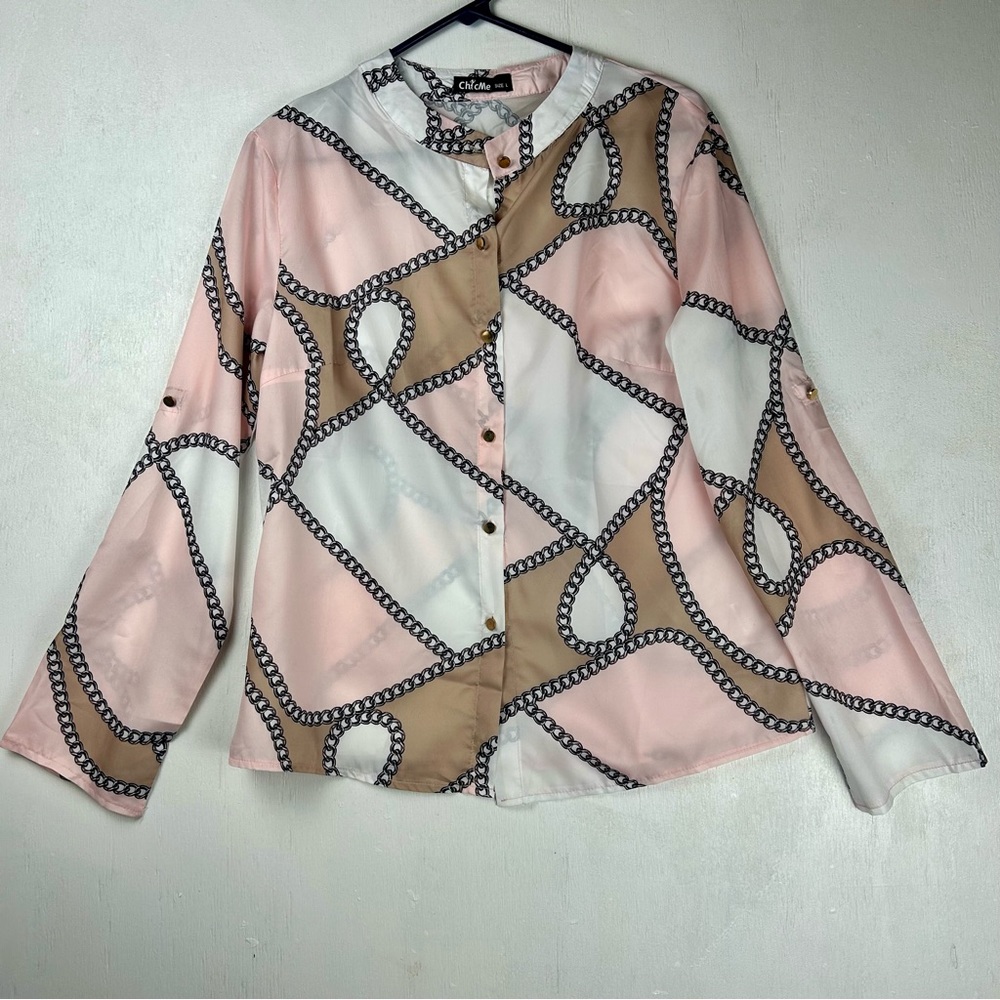 chic Pink and Tan Geometric Button Down Shirt
